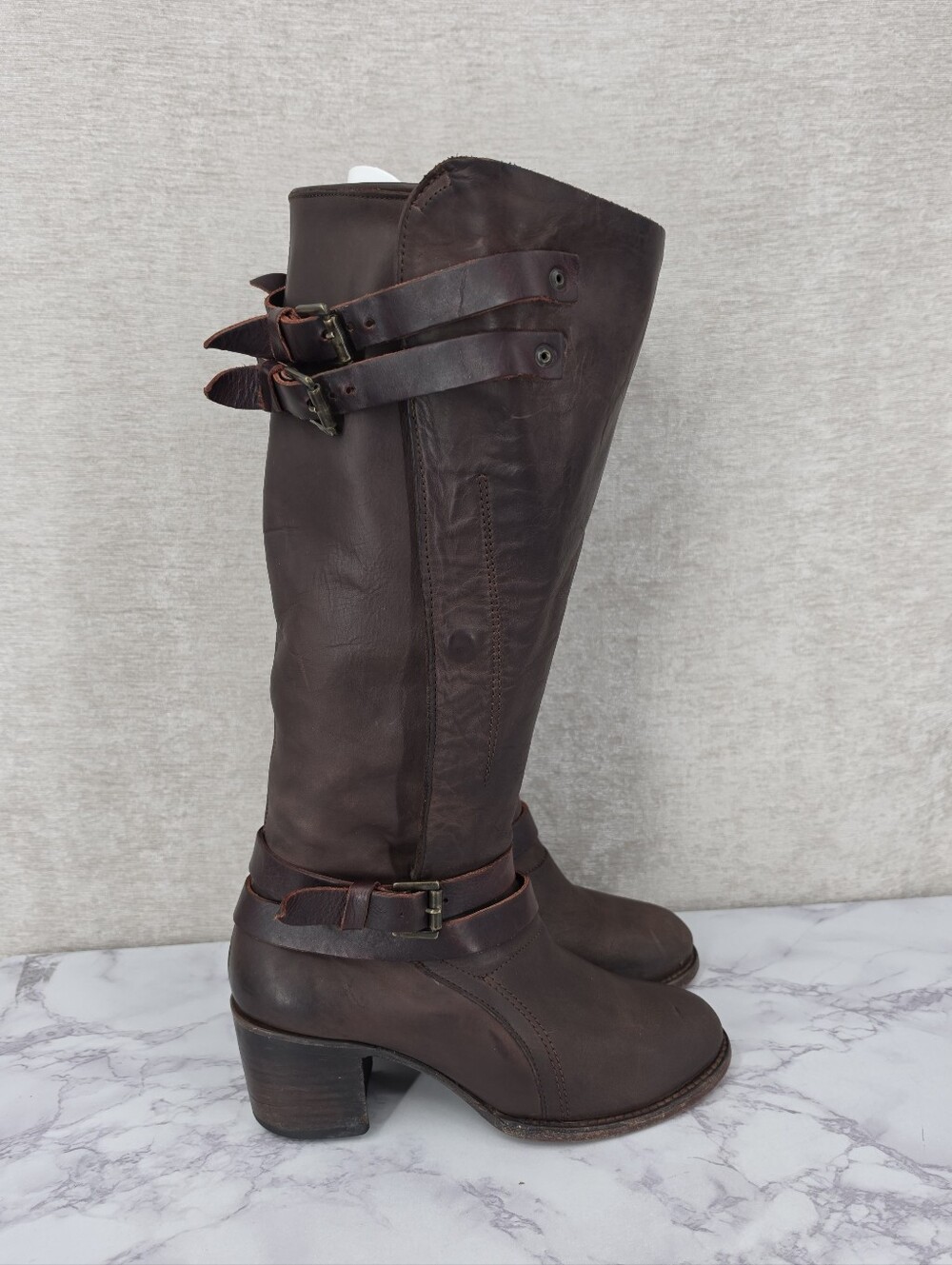 Freebird by Steven Clive Distressed Brown Leather Tall Knee High Boots Heeled